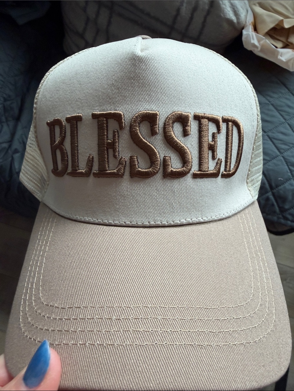 Blessed Embroidered Trucker Hat in Cream and Tan